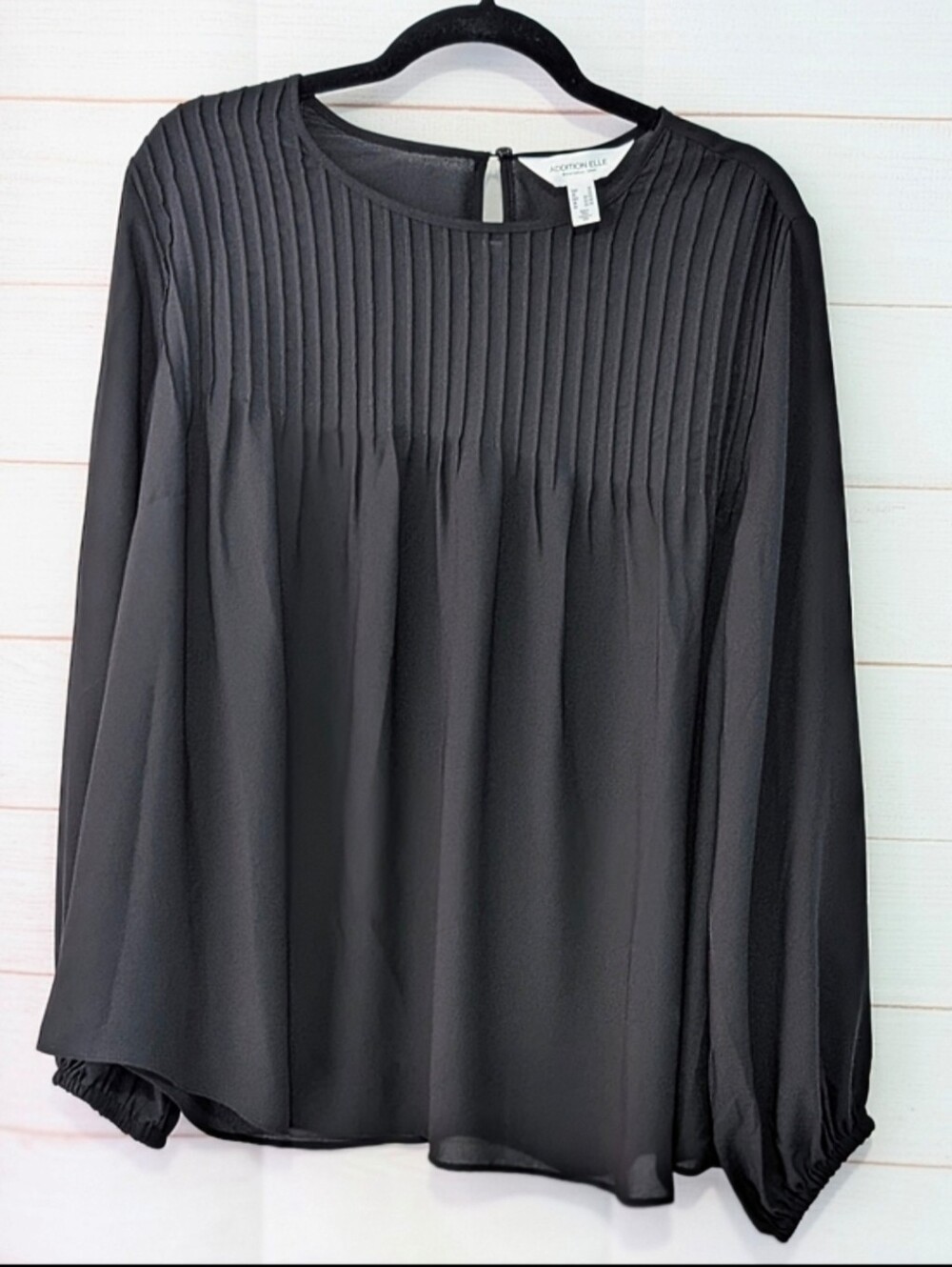Addition Elle Black Pleated Yoke Long-Sleeve Semi Sheer Blouse 2X